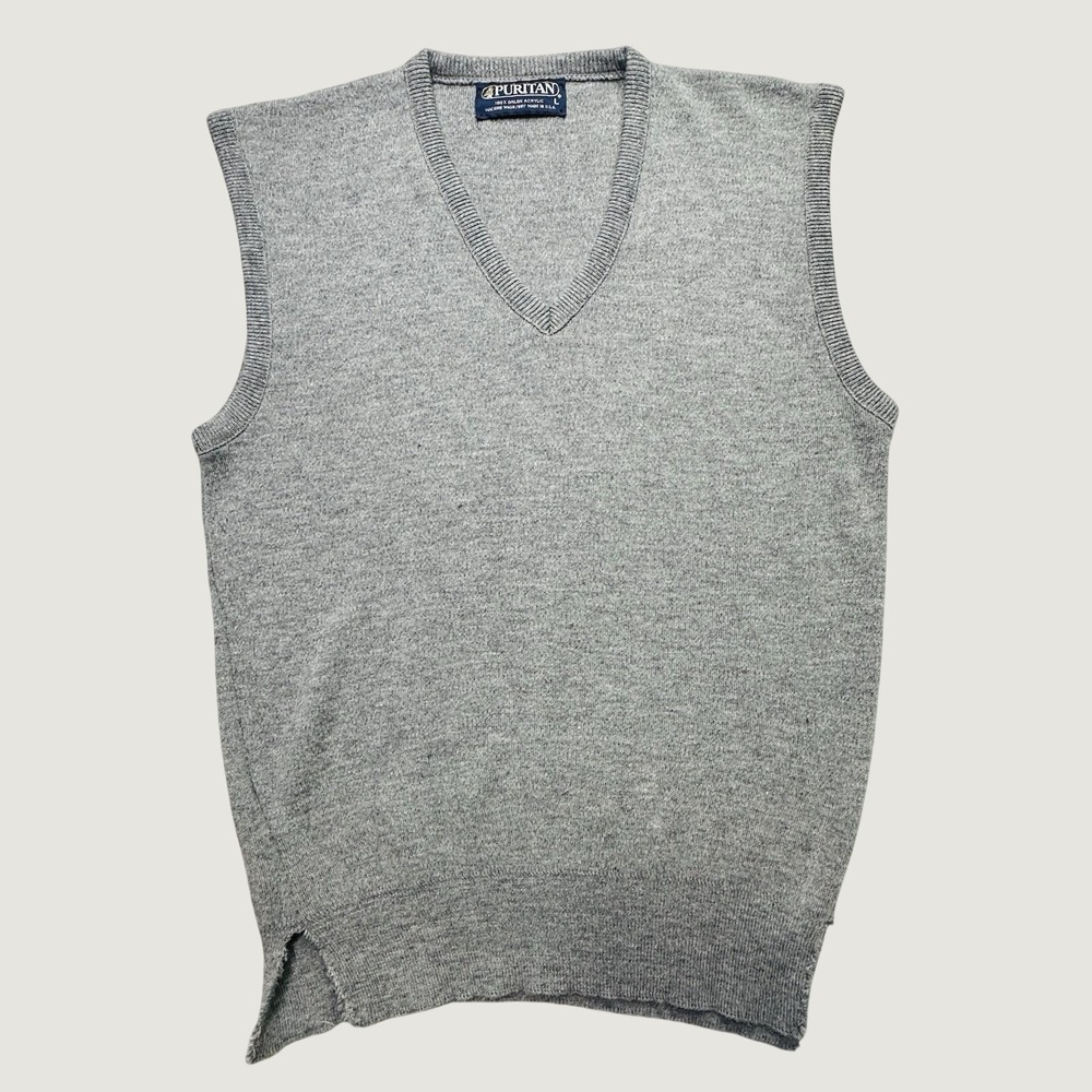 Vintage Puritan Sweater Vest Mens L Gray V-Neck Orlon Acrylic Made in USA Vented